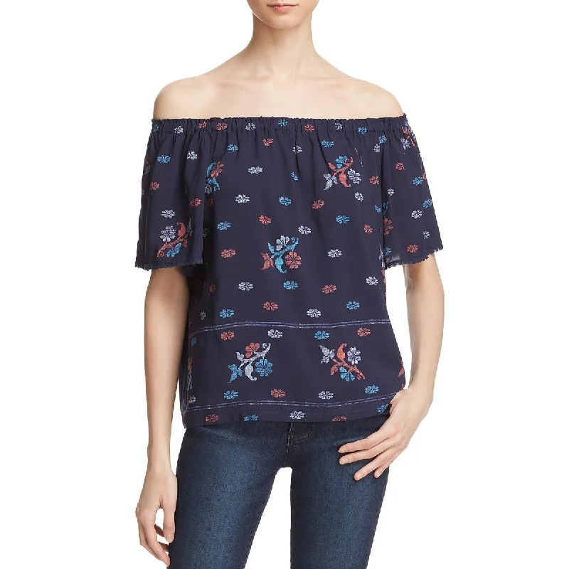 Beltaine Womens Chole Printed Off-The-Shoulder Blouse Collared Satin Blouse