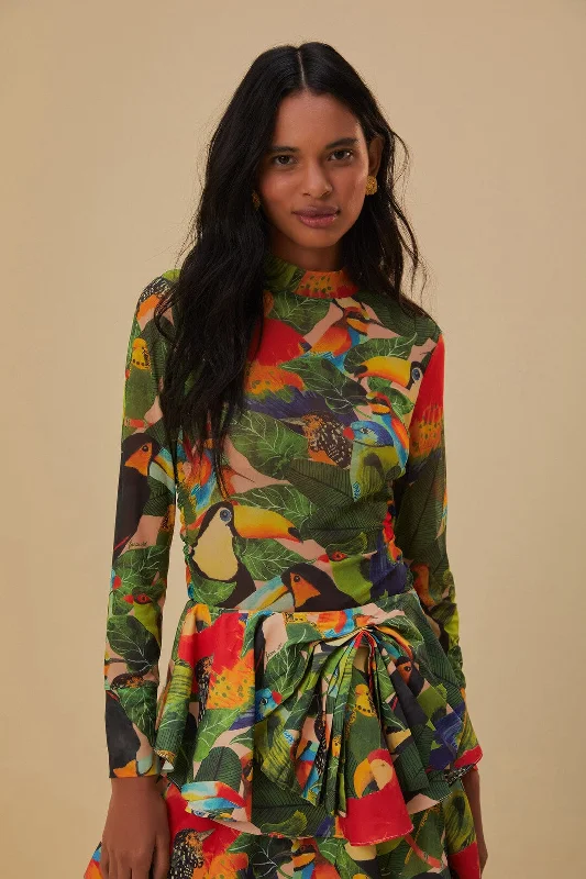Bird Leaves Sand Tulle Blouse Elegant Semi-Sheer Blouse