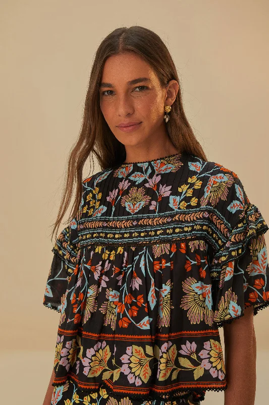 Black Flowery Ruffle Blouse Elegant Office Blouse