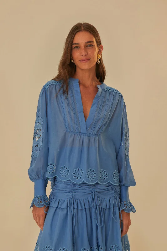 Blue Long Sleeve Organic Cotton Blouse Modern Work Blouse