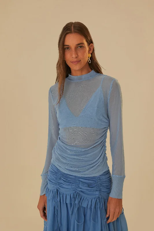 Blue Tulle Long Sleeved Blouse Casual Relaxed Fit Blouse