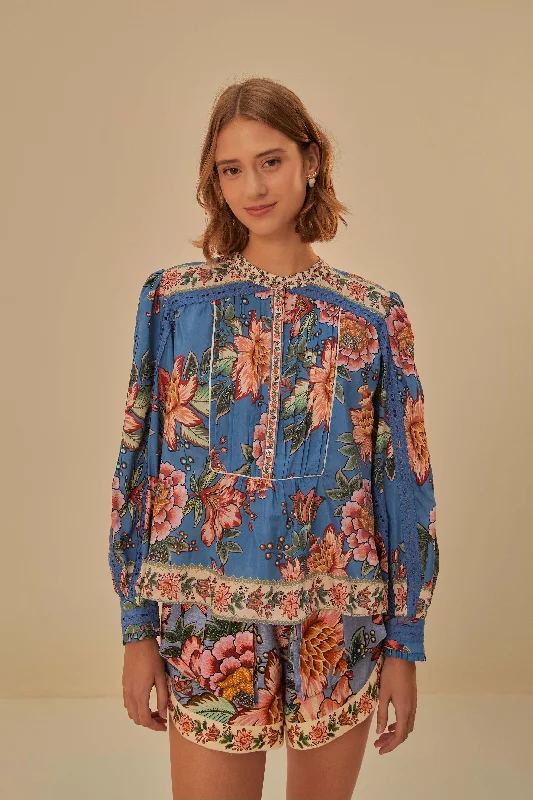 Blue Wonderful Bouquet Long Sleeve Blouse High Neck Blouse