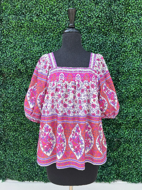 Budapest Boarder Blouse Sheer Sleeve Blouse