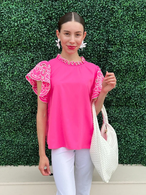 Hot Pink Flutter Blouse Chic Off-Shoulder Blouse
