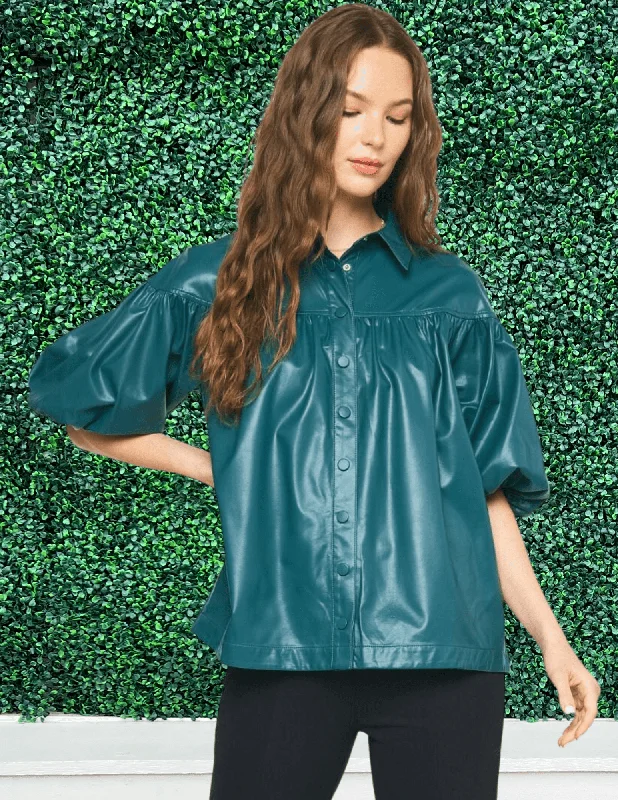 Drop Puff Pleather Blouse Textured Cotton Blouse