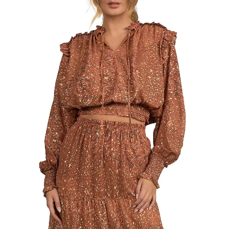 Elan Womens Metallic Ruffled Blouse Sweetheart Neck Blouse