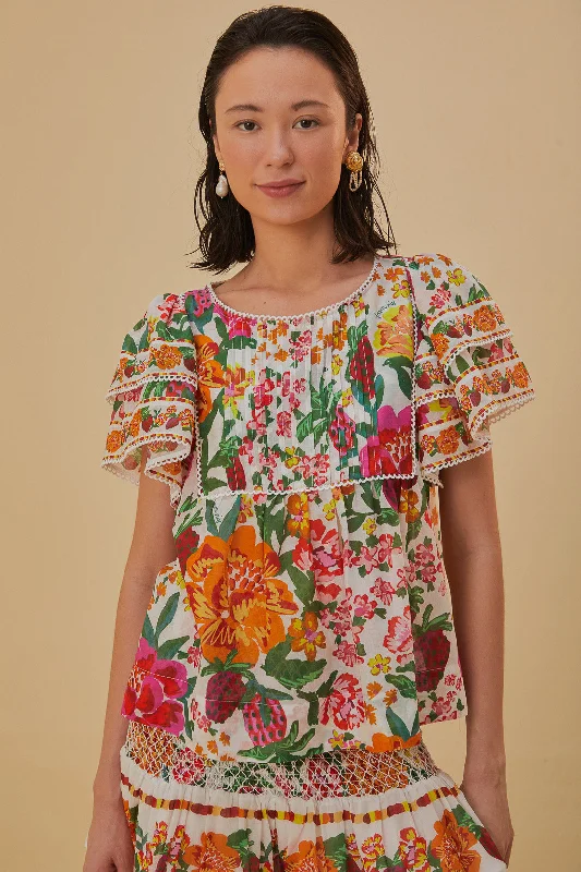 Off-White Flowerful Sketch Blouse Sheer Sleeve Blouse