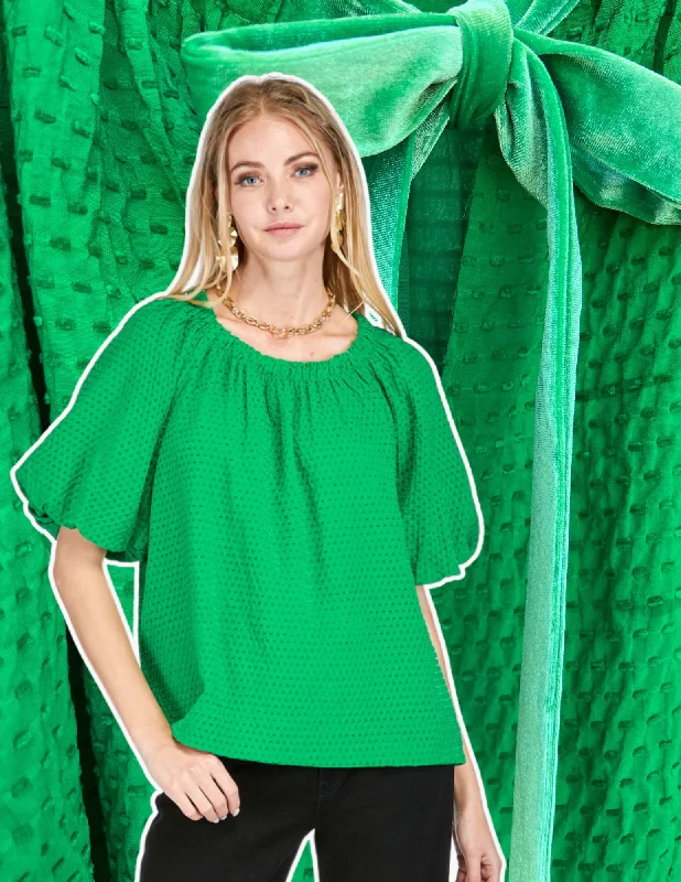 Green Velvet Bow Blouse Subtle Shimmer Blouse