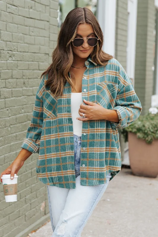Green and Orange Plaid Shacket Satin Long Blouse