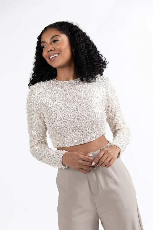 In Good Spirits Beige Pearl And Sequin Embellished Crop Blouse Everyday Stylish Blouse