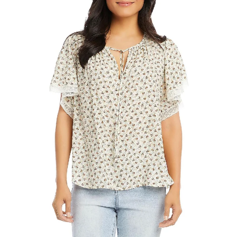 Karen Kane Womens Countryside Printed Tie Neck Blouse Loose Oversized Blouse