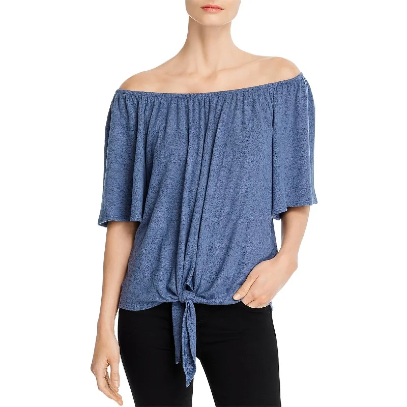 Kim & Cami Womens Hatchi Knit Off-The-Shoulder Blouse Gathered Detail Blouse