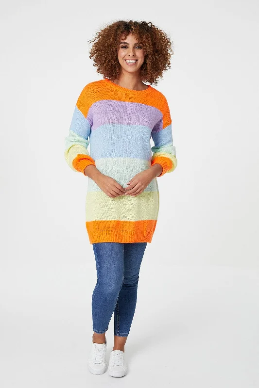 Striped Longline Knit Jumper Thin Thick Dense