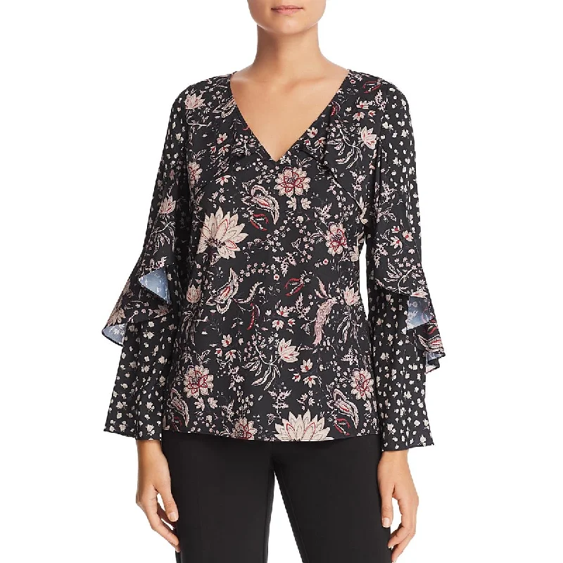 Le Gali Womens Lissa Bell Sleeves Floral Blouse Sheer Sleeve Blouse