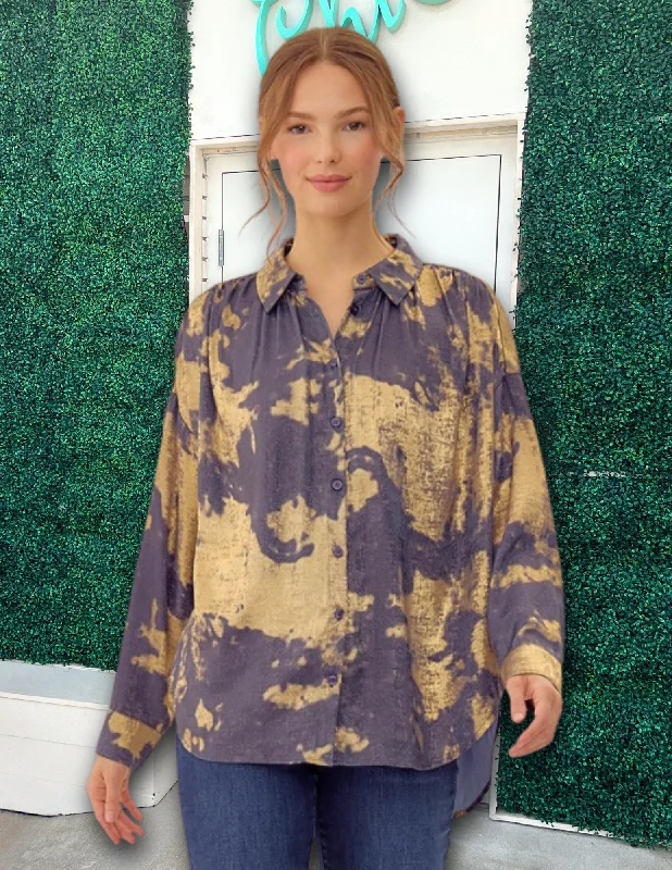 Denim and Gold Foil Blouse Peter Pan Collar Blouse