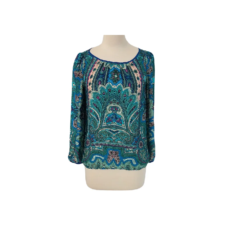 Mango Blue & Green Printed Blouse | Gently Used | Playful Puff Blouse