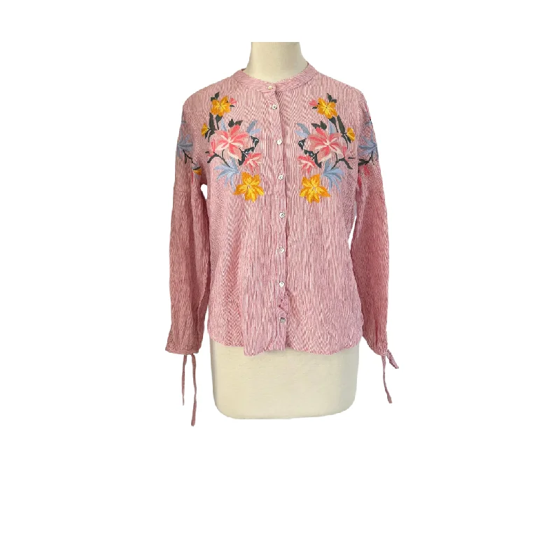 Max Pink & White Striped Floral Embroidered Blouse | Gently Used | Side Tie Blouse