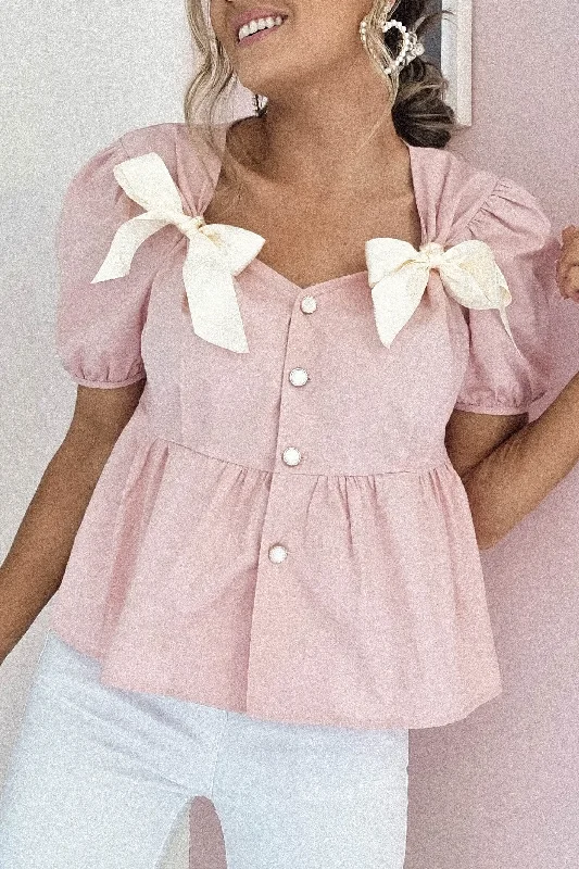 Minnie Bow Detail Blouse | Pink Slim Fit Blouse