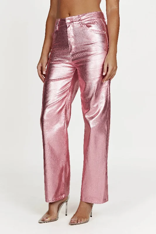 Minnie Metallic Straight Jean - Metallic Pink Chic Rip-Detail High-Waist Jeans