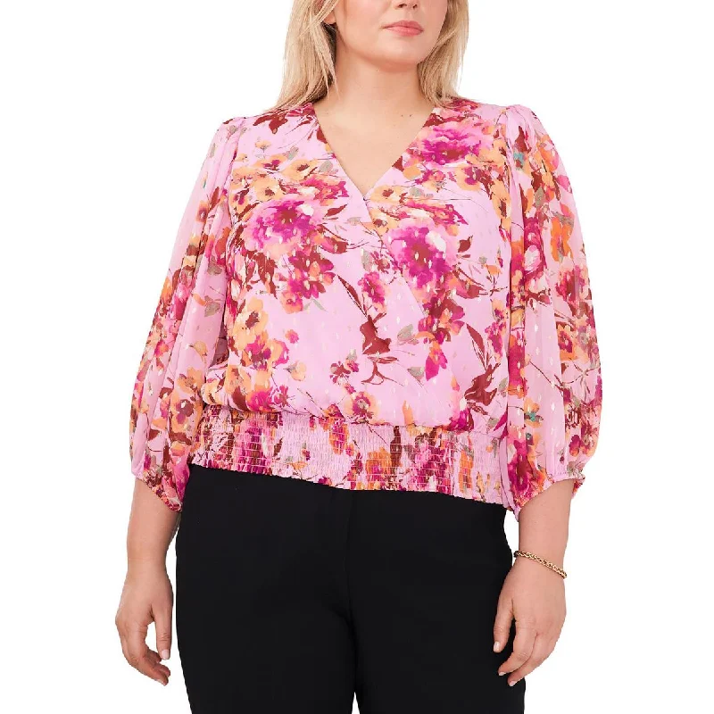 MSK Womens Plus Metallic V-Neck Blouse Gathered Detail Blouse