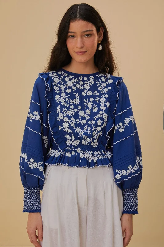 Navy Blue Embroidered Long Sleeve Blouse Sweetheart Neck Blouse