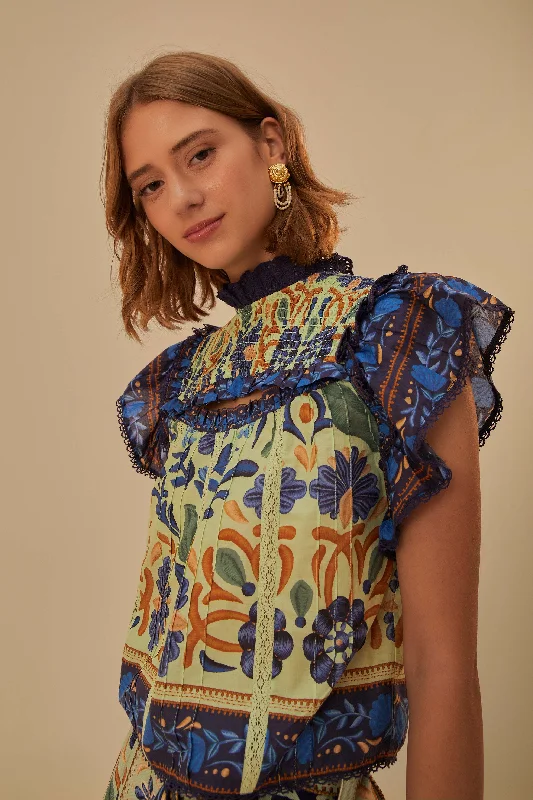Green Ocean Tapestry Lace Blouse Oversized Silk Blouse
