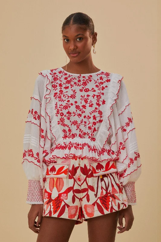 Off-White and Red Embroidered Long Sleeve Blouse Embroidered Cotton Blouse