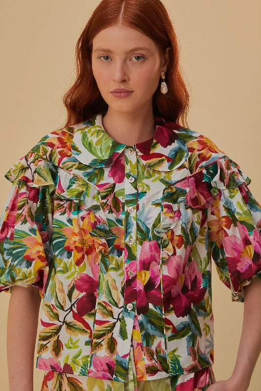 Off-White Painted Flowers Short Sleeve Blouse Relaxed Fit Blouse