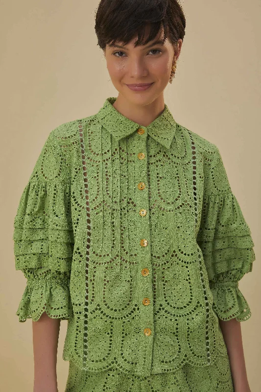 Green Pineapple Eyelet Blouse Silky Tunic Blouse