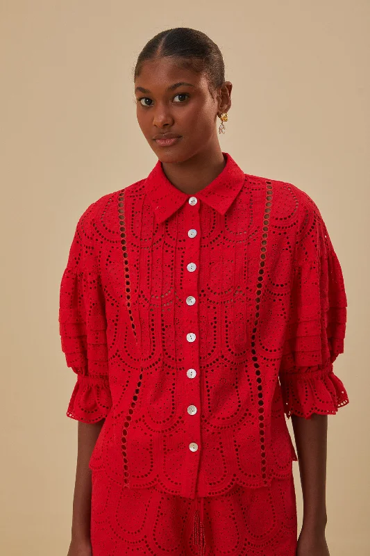 Red Pineapple Eyelet Blouse Silky Draped Blouse