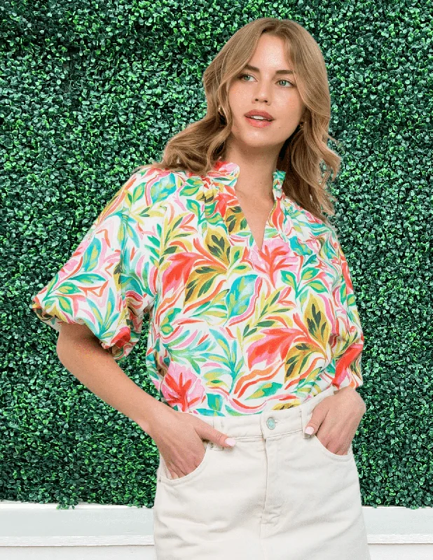 Floral Puff Blouse Feminine Tie Blouse