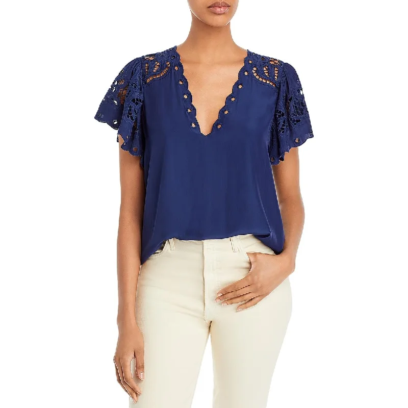Ramy Brook Womens Rochelle V Neck Flutter Sleeve Blouse Boho Printed Blouse