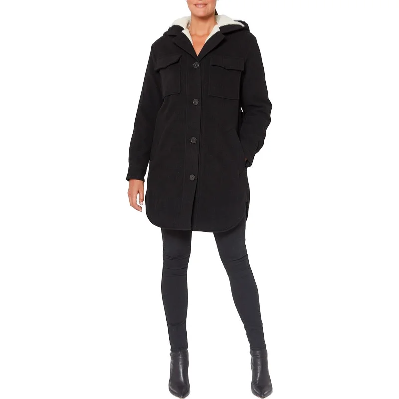 Sanctuary Women's Plaid Wool Blend Fleece Lined Mid-Length Shacket Classic Minimalist Blouse