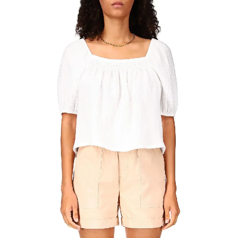 Sanctuary Womens Smocked Puff Sleeve Blouse Embroidered Cotton Blouse