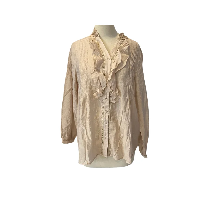 Sapphire Beige Sheer Frill Button Down Blouse | Brand New | Satin Long Blouse