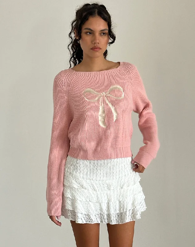 Tami Jumper in Knit Pink with White Bow Embroidery Bright Pastel Dark