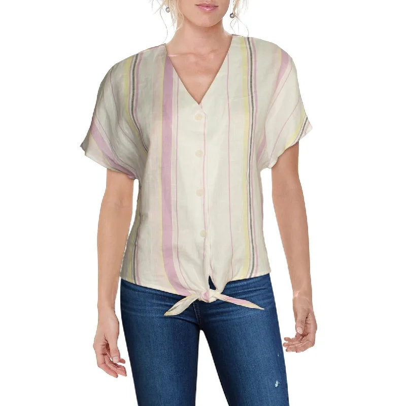 Three Dots Women's Linen Striped Button Down Tie Front Blouse Playful Puff Blouse