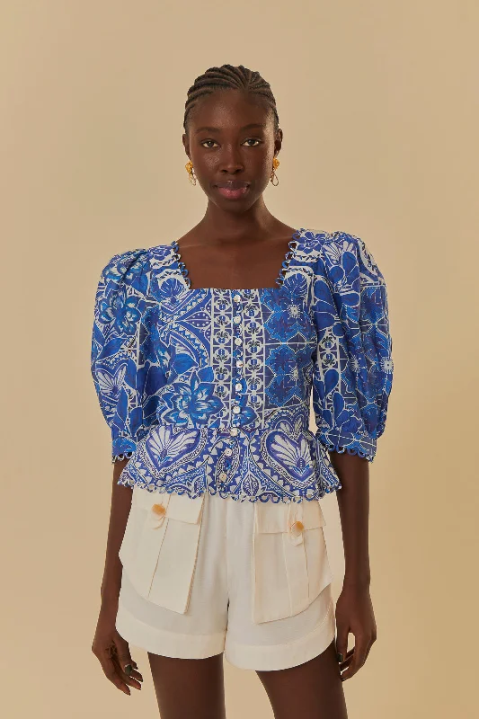 Blue Tile Dream Short Sleeve Blouse Bell Sleeve Blouse