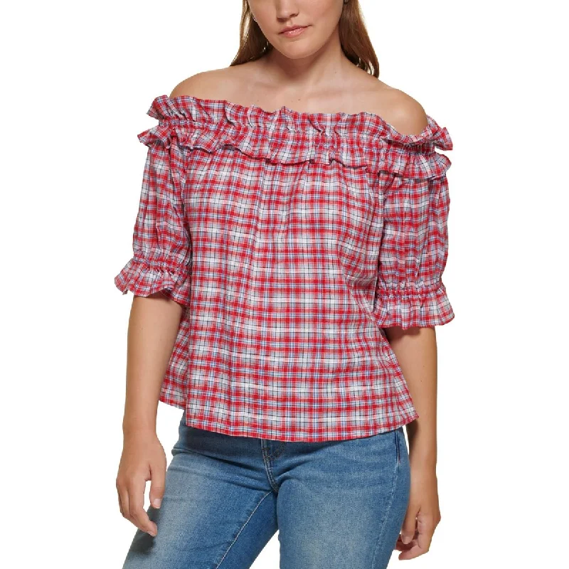 Tommy Hilfiger Womens Ruffled Plaid Blouse Pleated Collar Blouse