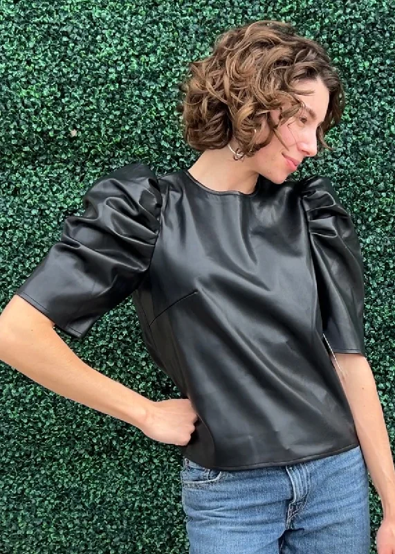 Vegan Leather Puff Blouse Ruched Sleeve Blouse
