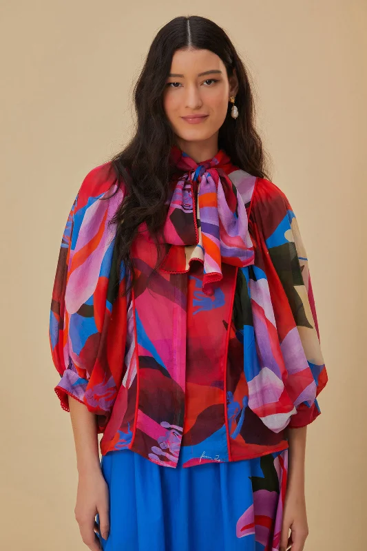 Watercolor Floral Blue Long Sleeve Blouse Feminine Puff Blouse