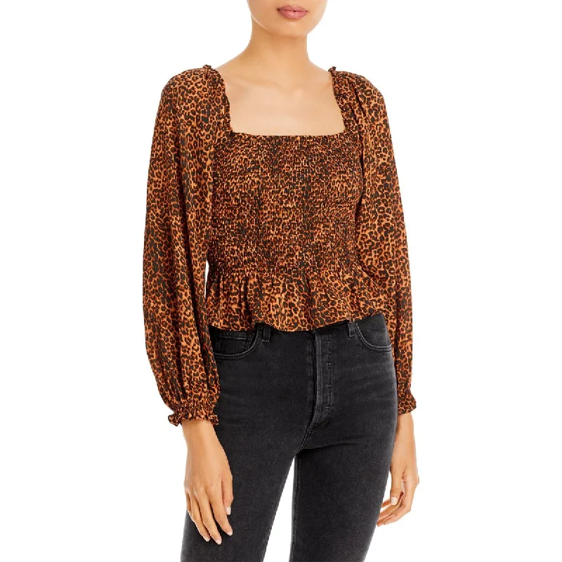 WAYF Womens Jackie Chiffon Animal Print Blouse Ruched Sleeve Blouse