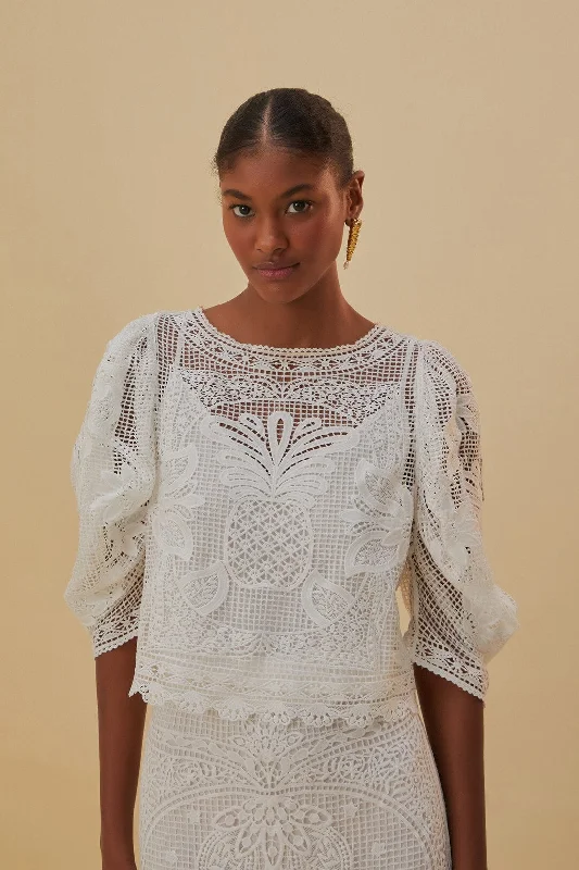 White Guipure Short Sleeve Blouse Semi-Sheer Blouse