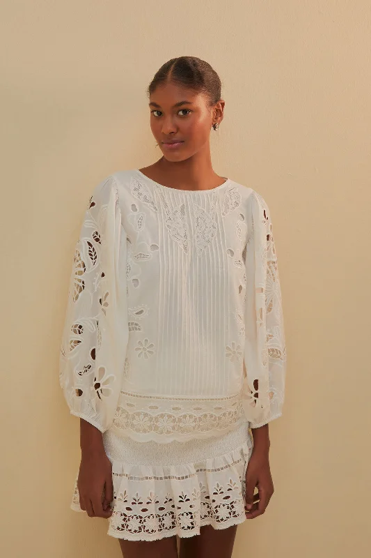 White Richelieu Short Sleeve Blouse Delicate Bow Blouse