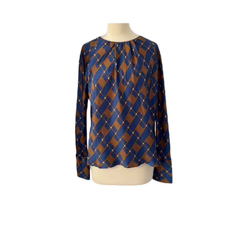 Zara Blue & Brown Printed Satin Blouse | Pre Loved | Lightweight Chiffon Blouse
