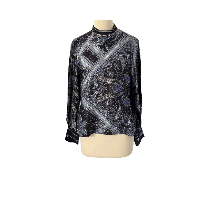 Zara Blue Printed High-neck Satin Blouse | Gently Used | Floral Print Blouse