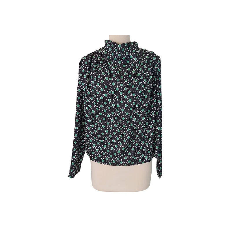 Zara Black & Green Printed Satin Mock-Neck Blouse | Like New | Ruffled Neck Blouse