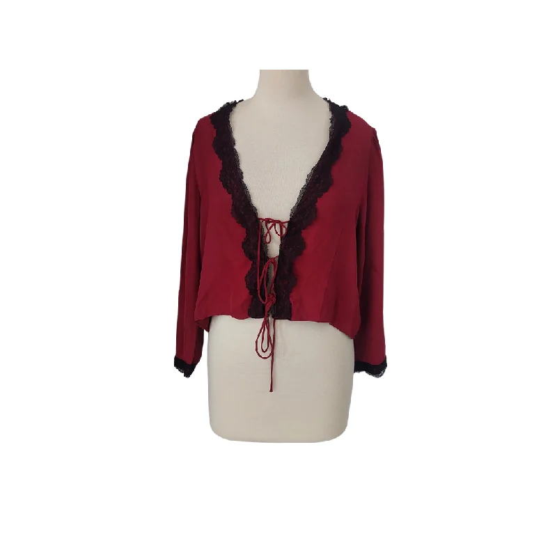 Zara Maroon & Black Lace Front-tie Satin Blouse | Pre Loved | Boho Printed Blouse