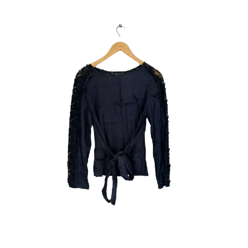 ZARA Navy Satin Lace Back-tie Blouse  | Brand New | Double-Layered Blouse