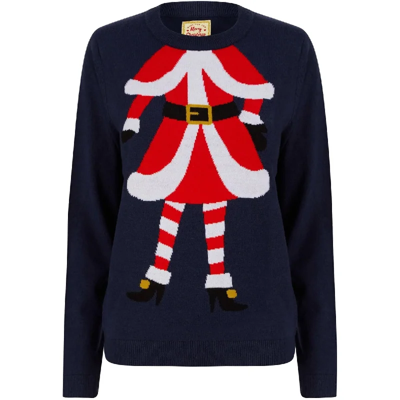 Christmas Headless Mrs Claus Motif Womens Christmas Jumper - Navy Ribbed Striped Patterned Christmas Headless Mrs Claus Motif Womens Christmas Jumper - Navy Ribbed Striped Patterned